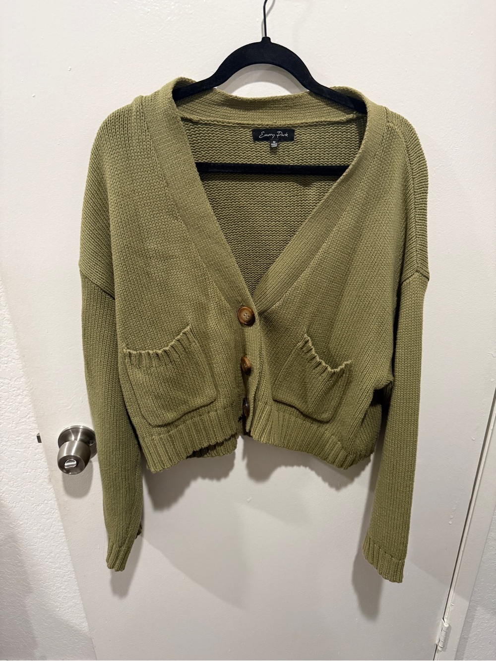 Emory Park Olive Green Knit Oversized Korean Cardigan Cropped M fits XS / S - Picture 2 of 6